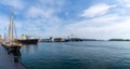 Panorama view of the ferry docking at the ferry terminal in Svendborg before leaving for the island of Ãâ r