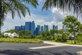 A panorama view from the Gardens by the Bay towards the financial district in Singapore, Asia