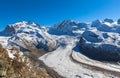 Panorama view of the Gorner Glacier and Monte Rosa massif, Lyssskamm peak Royalty Free Stock Photo