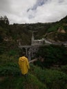 Panorama view of gothic catholic church National shrine Basilica of our lady of Las Lajas bridge Ipiales Narino Colombia