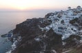 Panorama view on Greek village with wind mill during sunset, Oia, Santorini, Greece Royalty Free Stock Photo