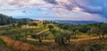 Panorama view on Fonterutoli on sunrise. It is hamlet of Castellina in Chianti in province of Siena. Tuscany. Italy