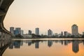 Panorama view of Hanoi cityscape at sunset period. Da lake