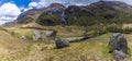 A panorama view from high up the side of the valley towards the Steall Waterfall in Glen Nevis, Scotland