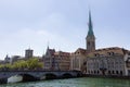Panorama view of historic city center of Zurich with Fraumunster Church and Munsterbucke crossing river Limmat, Switzerland Royalty Free Stock Photo