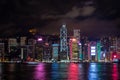 Panorama view of Hong kong city midtown at dusk with skyscrapers illuminated reflecting in the river Royalty Free Stock Photo