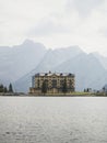 Panorama of hotel at alpine Lago di Misurina lake with Gruppo del Sorapiss mountain Cortina Dolomites South Tyrol Italy Royalty Free Stock Photo