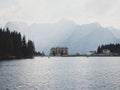 Panorama of hotel at alpine Lago di Misurina lake with Gruppo del Sorapiss mountain Cortina Dolomites South Tyrol Italy Royalty Free Stock Photo