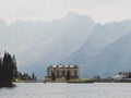 Panorama of hotel at alpine Lago di Misurina lake with Gruppo del Sorapiss mountain Cortina Dolomites South Tyrol Italy Royalty Free Stock Photo