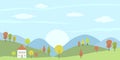 Panorama view of house on hill countryside landscape. Vector summer or spring landscape with trees, mountains and house. Royalty Free Stock Photo
