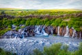 Panorama view of hraunfossar waterfall on iceland Royalty Free Stock Photo