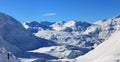 Panorama view of the Julier Pass valley with snow covered Swiss Alps