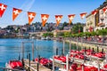 Panorama view of the lake Lugano, mountains and city Lugano, Ticino canton, Switzerland. Scenic beautiful Swiss town with luxury Royalty Free Stock Photo