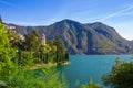 Panorama view of the lake Lugano, mountains and city Lugano, Ticino canton, Switzerland. Scenic beautiful Swiss town with luxury Royalty Free Stock Photo