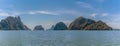 A panorama view of limestone stacks in Phang Nga Bay, Thailand Royalty Free Stock Photo