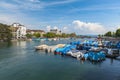 Panorama view of Limmat river towards Limmatquai and Zurich old town, with Quay Bridge Quaibruecke, Zurich lake, Swiss Alps