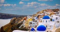 Panorama view  look out  with blue sky scene background  and blue dome church  at Oia village, Santorini,Greec Royalty Free Stock Photo