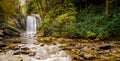 Looking Glass falls in the Appalachians of North Carolina in late autumn with fall color foliage