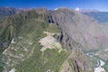 Panorama view of Machu Picchu from the top of the peak in Peru Royalty Free Stock Photo