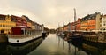 Panorama view of the main channel, Nyhavn harbor and Copenhagen old town. Royalty Free Stock Photo