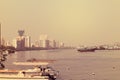 Panorama view of Many fishing boats float on the sea with sky background.,Dubai 28 July 2017