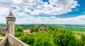 Panorama view of medieval castle Helfstyn, Czech Republic. Detail of tower with stone walls at ancient fortress. Sunny day, blue