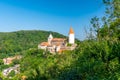 Panorama view of medieval castle Krivoklat, Czech Republic. Sunny day during summer, fresh forest near the castle