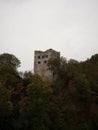 Panorama view of medieval historic castle ruins tower belfry Burg Schloss Blatten in Oberriet St Gallen Switzerland