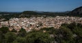 Panorama view of mediterranean city town Pollenca Pollensa from Calvari hill mountain viewpoint Mallorca Balearic Spain