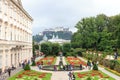 Panorama view of Mirabell Palace with garden, Hohensalzburg Fortress and cityscape of the historic centre of the city of Salzburg Royalty Free Stock Photo