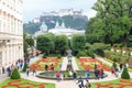 Panorama view of Mirabell Palace with garden, Hohensalzburg Fortress and cityscape of the historic centre of the city of Salzburg