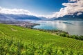 Panorama view of Montreux city with Swiss Alps, lake Geneva and vineyard on Lavaux region, Canton Vaud, Switzerland, Europe Royalty Free Stock Photo