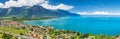 Panorama view of Montreux city with Swiss Alps, lake Geneva and vineyard on Lavaux region, Canton Vaud, Switzerland, Europe Royalty Free Stock Photo