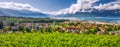 Panorama view of Montreux city with Swiss Alps, lake Geneva and vineyard on Lavaux region, Canton Vaud, Switzerland, Europe Royalty Free Stock Photo