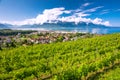 Panorama view of Montreux city with Swiss Alps, lake Geneva and vineyard on Lavaux region, Canton Vaud, Switzerland, Europe Royalty Free Stock Photo