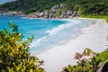 Panorama view of the most beautiful Grand Anse beach on La Digue island in Seychelles. Summer vacation in tropical Royalty Free Stock Photo