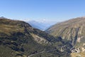 Panorama view with mountain Dom and Weisshorn and Furka Pass road in the Swiss Alps, Switzerland