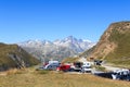 Panorama view with mountain Finsteraarhorn and Furka Pass parking lot in the Swiss Alps, Switzerland