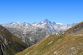 Panorama view with mountain Finsteraarhorn and Furka Pass road in the Swiss Alps, Switzerland