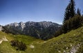 Panorama view from mountain Peterskoepfl to Kaisergebirge in Tyrol, Austria