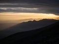 Panorama view of mountain range silhouette layers haze dust fog clouds at Misti volcano Arequipa Peru Andes Royalty Free Stock Photo