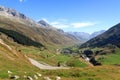 Panorama view of mountains and Furka Pass road in the Swiss Alps, Switzerland