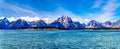 Panorama View of Mt. Moran and surrounding mountains in the Teton Mountain Range west of Jackson Lake in Grand Teton National Park Royalty Free Stock Photo