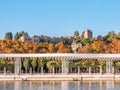 Panorama view of the `Muelle Uno` outdoor shopping mall, the marina, main park, Pompidou museum and the port of Malaga on a sunn