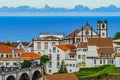 Panorama view of Nordest, Sao Miguel Island, Azores. Old stone arch bridge in Nordeste village, Sao Miguel, Azores