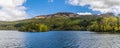 A panorama view of the northern shore of Loch Katrine in the Scottish Highlands