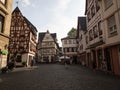 Panorama view of old ancient historic traditional typical half-timbered buildings in Mainz Rhineland-Palatinate Germany