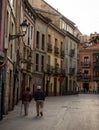 Panorama view of old historic rustic houses buildings facade exterior urban street cityscape in Oviedo Asturias Spain