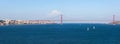 Panorama view over the 25 de Abril Bridge. The bridge is connecting the city of Lisbon to the municipality of Almada Royalty Free Stock Photo