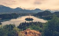 Panorama view over lake bled with island and church during sunset with the alps in the background, Slovenia, Europe Royalty Free Stock Photo